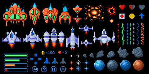 Pixel art space game elements. 8bit starships, asteroids and planets. Galaxy wars arcade assets vector set