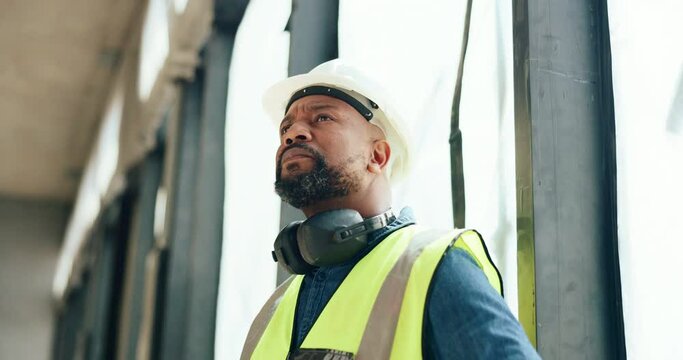 Architecture, thinking and construction site manager building a development property project and safety inspection. Engineering, management and African contractor monitoring or checking progress