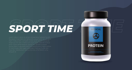 Banner template with jar black protein sport 3d container. Amino acids Round pack for muscle training. Realistic cylindrical jar with vitamins.