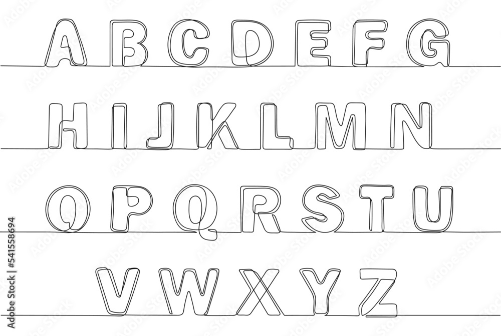 Fototapete continuous one line font. hand drawn alphabet, line art letters for calligraphic typography. decorat