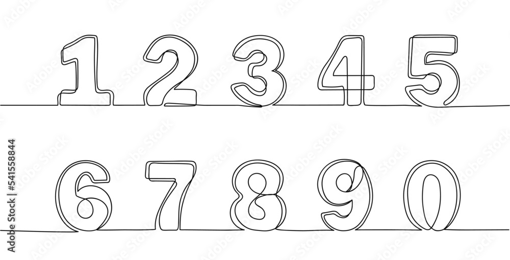 Poster continuous one line numbers. hand drawn counting symbols, outline scribble number or sketch digit ve