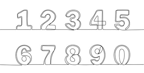 Continuous one line numbers. Hand drawn counting symbols, outline scribble number or sketch digit vector set