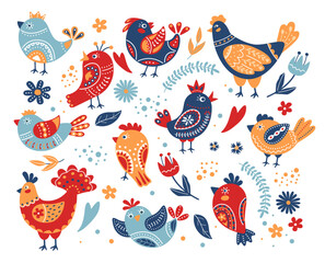 Cute birds with folk ornaments. Ethnic animals with ornamental patterns and flowers, colourful abstract bird and chicken vector Illustration set