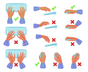 Keyboard and mouse hands posture. Correct and incorrect hand position for text typyng, wrist and arm positions for computer users vector illustration set
