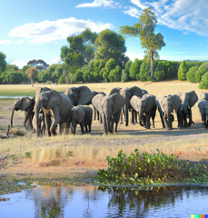 Obraz premium Elephants in a field next to a river