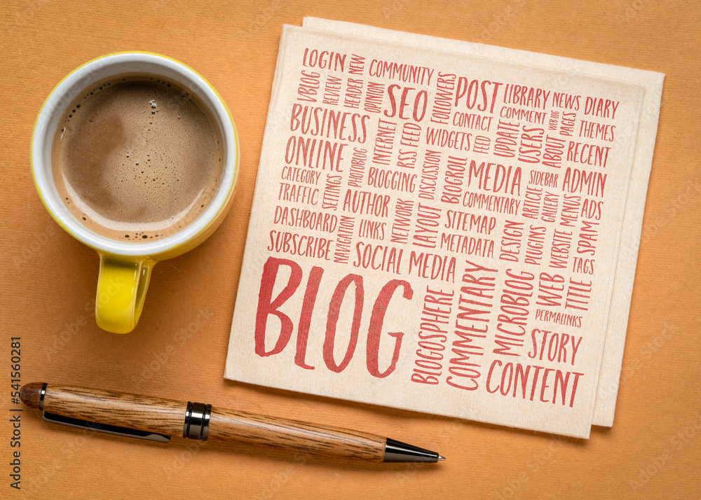 Canvas Prints cloud of words or tags related to blogging and blog design - handwriting on a napkin with cup of cof
