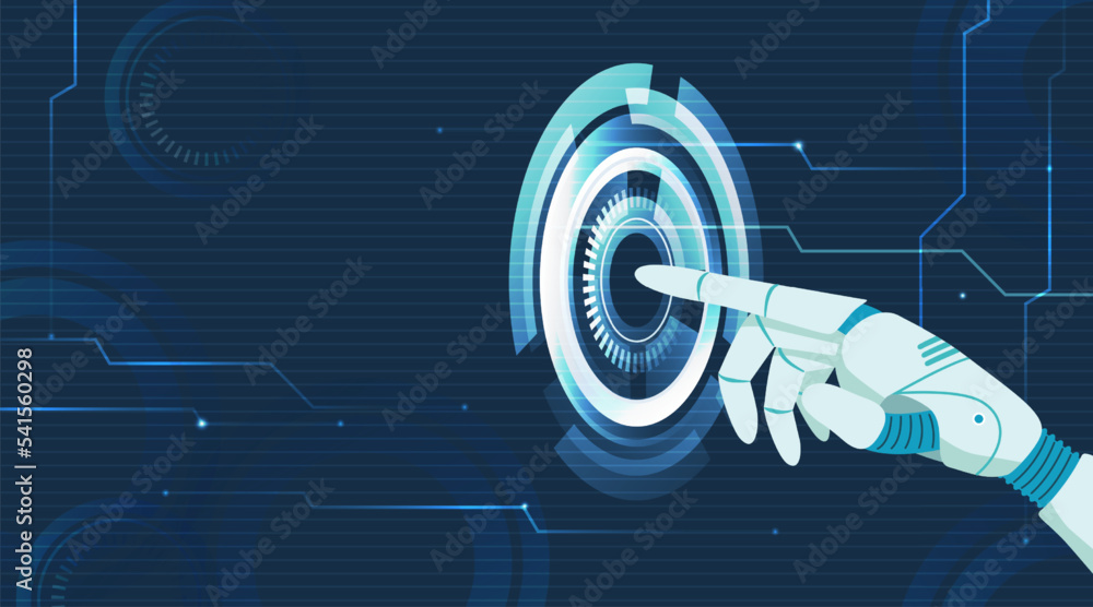 Poster artificial intelligence touching digital interface. bionic hand pointing gesture to futuristic tech 