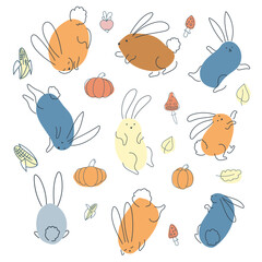 Set of funny rabbits in doodle style. Autumn vegetables. The bunny is a symbol of 2023. Hare Vector graphics isolated on white background.