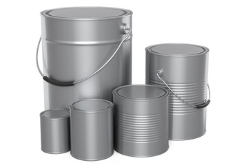 Set of metal can or buckets of paint in row pattern on white background.