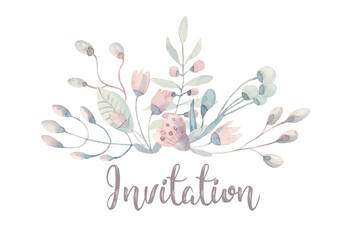 Ready to use Card. Herbal Watercolor invitation design with leaves. flower and watercolor background. floral elements, botanic watercolor illustration. Template for wedding - 541560671