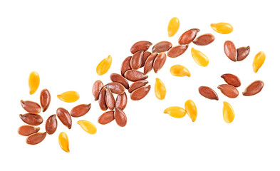 Dried brown and yellow flax seeds isolated on a white background, top view.