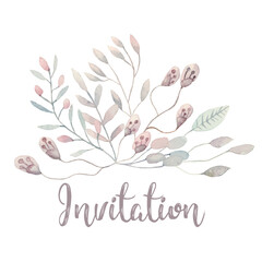 Ready to use Card. Herbal Watercolor invitation design with leaves. flower and watercolor background. floral elements, botanic watercolor illustration. Template for wedding