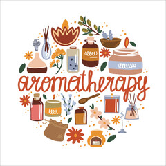 Illustration of aromatherapy and essential oils. Incense sticks, spa candles and herbs.
