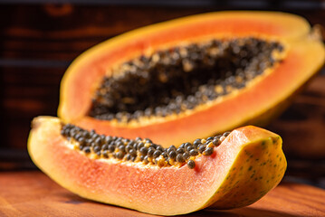 Papaya, details of a sliced ​​papaya over rustic wood, selective focus.