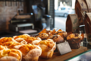 Coffeehouse with muffins in the city