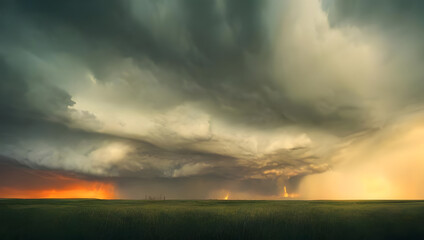 Obraz na płótnie Canvas a supercell storm / thunderstorm with dark clouds far away in the distance on an open farming field