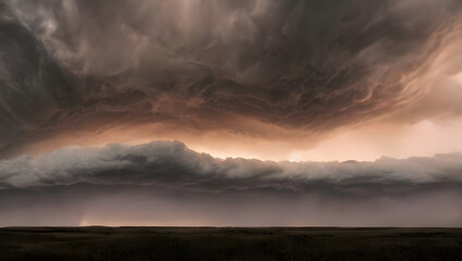 a supercell storm / thunderstorm with dark clouds and rain far away in the distance on an open farming field