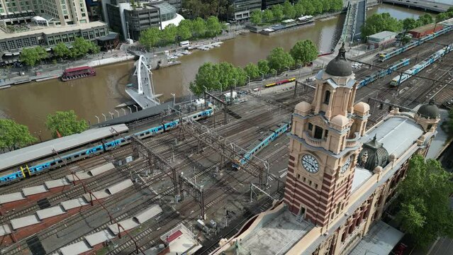 aerial view of flinders street railway station, decretive Victorian stile architecture , Melbourne Victoria Australia 