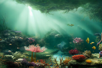 Obraz premium Underwater landscape, wallpaper background, digital art