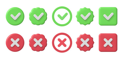 Checkmark 3d icons. Checklist green tick and red cross. Accepted and decline, true or false and verified sign vector set © WinWin