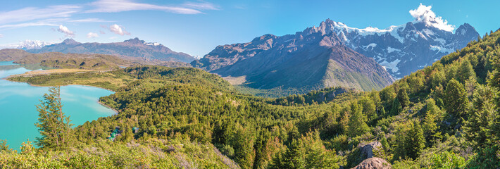 Panoramic view over mountain turquoise lagoon in Torres del Paine National Park, near Cero Paine...