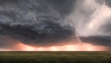Plakat a supercell storm / thunderstorm with dark clouds far away in the distance on an open farming field
