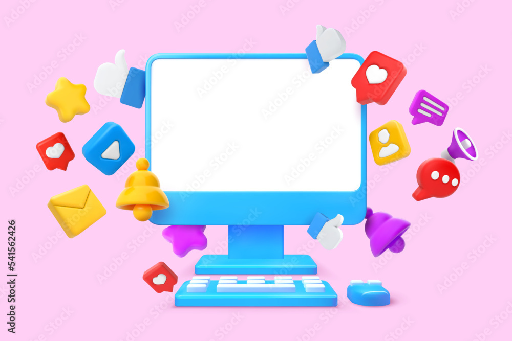 Poster social media computer screen mockup. monitor, pc keyboard and mouse with 3d likes and messages icons