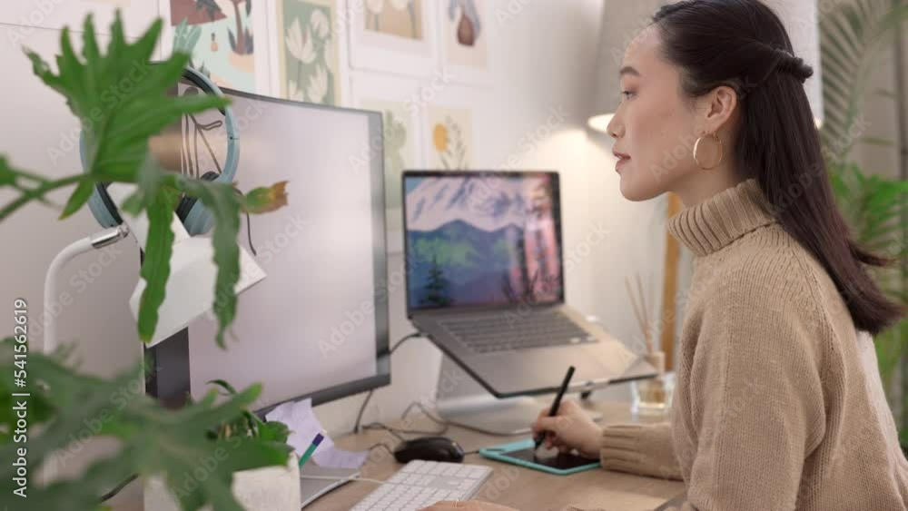 Aufkleber retouching, editing and creative with a woman designer working on a computer in her office for desig