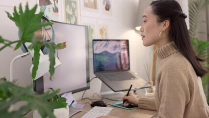 Retouching, editing and creative with a woman designer working on a computer in her office for design. Creativity, editor and graphic design with a female employee at work on a production project - Powered by Adobe