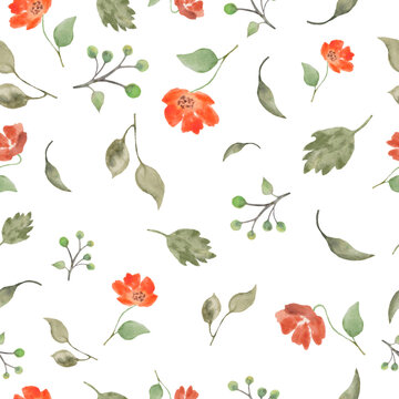 Watercolor seamless pattern with abstract orange flowers, leaves, berries. Hand drawn floral illustration isolated on white background.  Vector EPS.