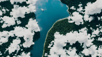 satellite image of earth with clouds, lakes and a jungle landscape