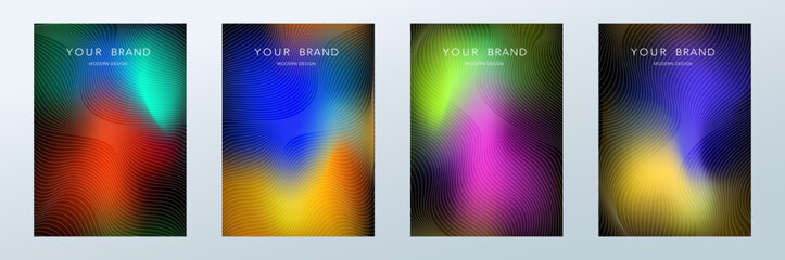 Futuristic dark poster designs with trendy glowing soft gradient shapes and line pattern, guilloche curves. Premium vector template for invite, makeup catalog, brochure template, flyer