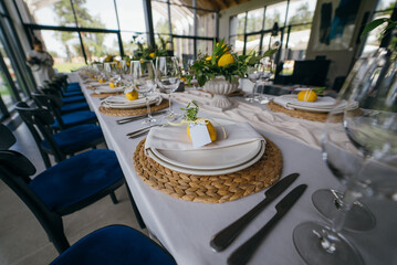 Decorated wedding banquet hall in classic style.