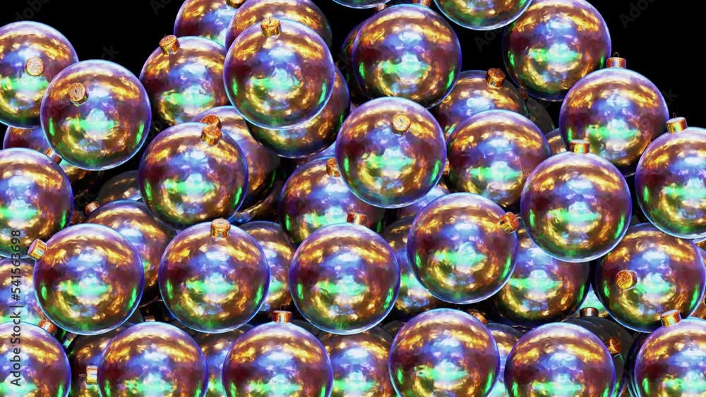 Poster realistic 3d animation of the textured colorful glass christmas baubles falling from the top filling