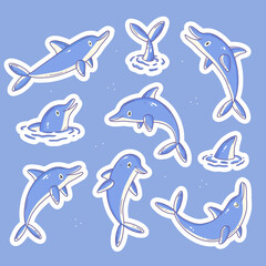 Stickers with cute dolphin characters. A sticker template with cartoon animals. animal illustration.