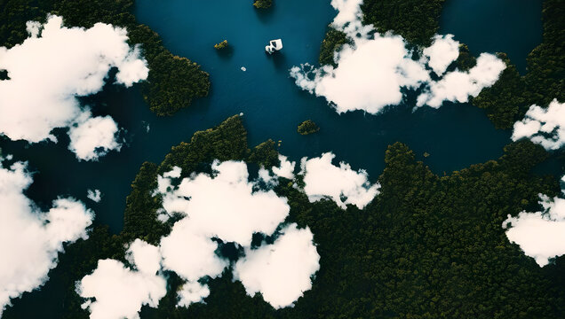 satellite image of earth with clouds, water, beach / coast and a jungle landscape