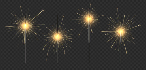 New year sparkler candle. Bengal fire for winter holidays party, gold sparks and glow light effect vector set
