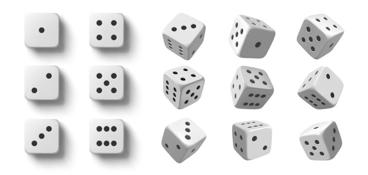 Rolling dice. White roll cubes for gamble games, top view dice sides and falling 3D angles lucky craps realistic vector objects set