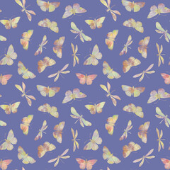 Colorful pattern of watercolor butterflies and dragonflies collected for design, wrapping paper, wallpaper, print.