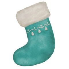 Watercolor illustration of a blue Christmas boot with white fur and rhinestones. Isolated festive element for your design.