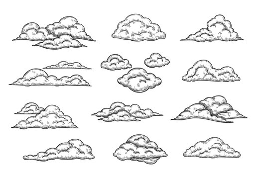 Sketch clouds. Hand drawn pencil cloudy sky, retro cloud shape engraving and overcast weather elements isolated vector Illustration set