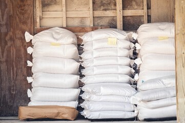 Warehouse with stacks of animal feed