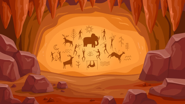 Prehistoric cave with paintings. Old cave drawings of primitive people, stone age art, ancient history and archeology vector Illustration