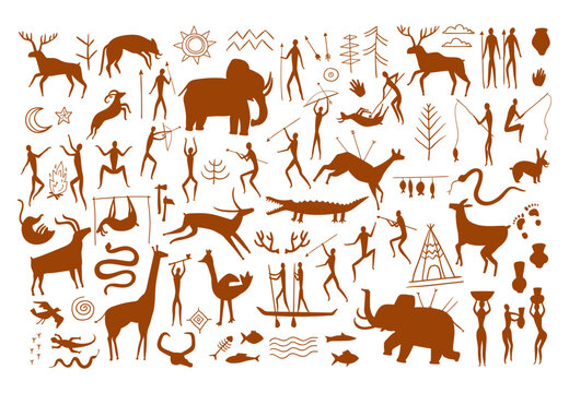 Rock painting. Caveman life scenes, prehistoric hunter cave drawings and wild ancient animals silhouettes. Stone age art vector set