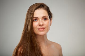 Beauty portrait of smiling woman. Isolated studio advertising portrait.