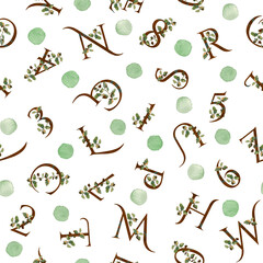 Number and letter seamless pattern. Shabby chic floral monograms and polka dot on white background. Watercolor illustration. For textile, wrapping paper, scrapbooking, stationery and packaging design