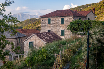 Fototapeta na wymiar Wonderful, old stone houses of Dol, small village built on the rocky slopes on Brac island, Croatia