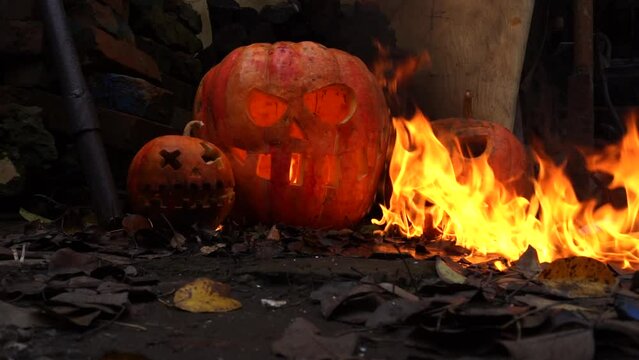 halloween orange pumpkins in the slums are on fire	