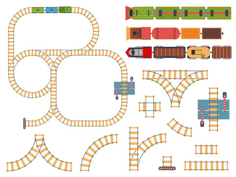 Top view railways. Tracks construction with toy trains above. Circle and line rails with trains above, railway barrier aerial view vector set
