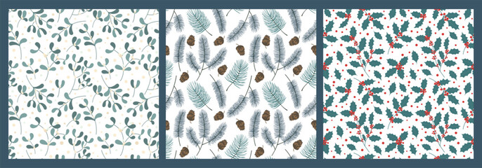 Christmas branches pattern. Holly and mistletoe branches with berries, pine with cones seamless vector backgrounds set